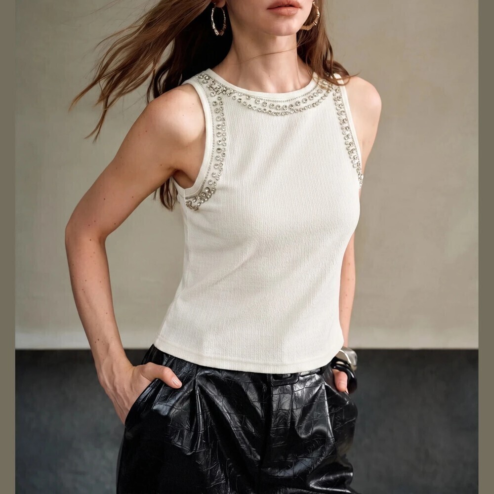 Ivory Rhinestone Trim Round Neck Slim Fit Knit Tank Top